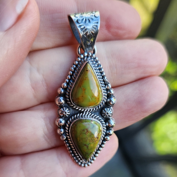 Handmade Sterling Silver 925 Royston Turquoise Teardrop Duo Pendant Charm - Picture 1 of 6